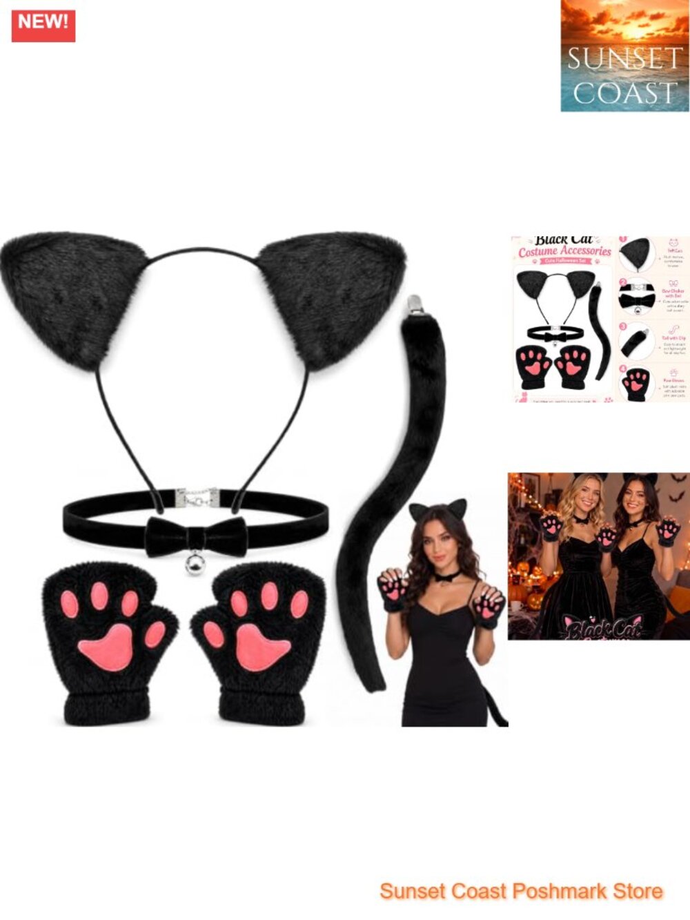 Cat Ears Headband Tail Costume Set Plush Faux Fur Cosplay Accessories